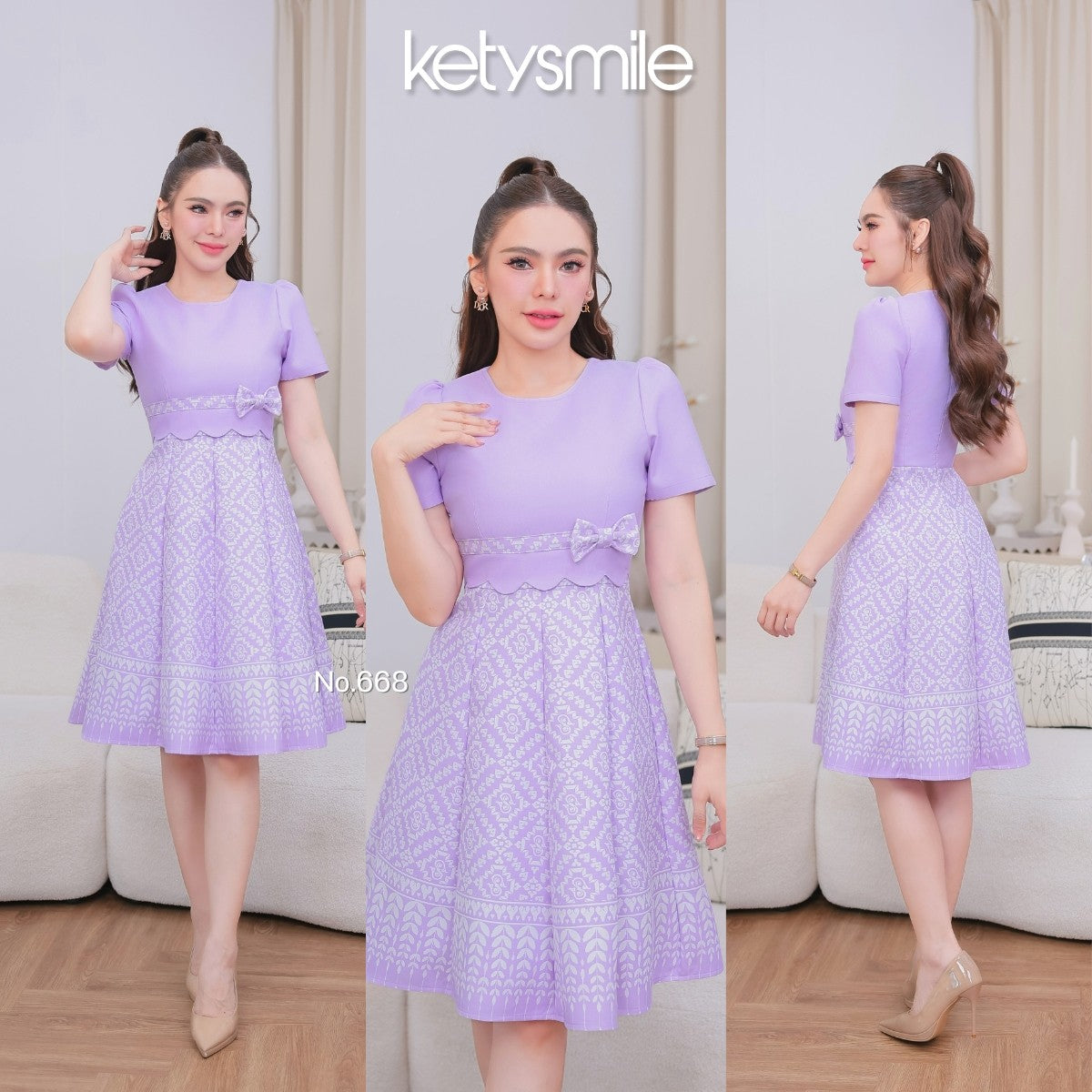 ชุดเดรสผ้าทอลาย แต่งโบว์เอว กระโปรงบาน 8 ชิ้น อัดกาวทั้งชุดชิ้น ซิปซ่อนด้านหลัง สีม่วง