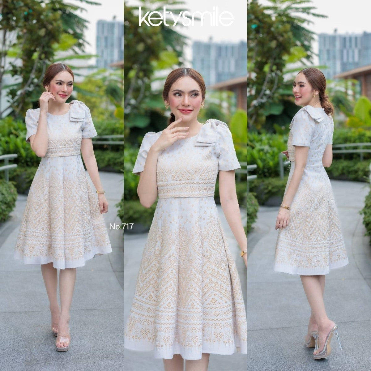 ชุดเดรสผ้าทอลาย ลายเทียนหยด ทรงเสื้อครอป แต่งโบว์ไหล่ กระโปรงบาน 8 ชิ้น อัดกาวทั้งชุด สีขาวงาช้าง